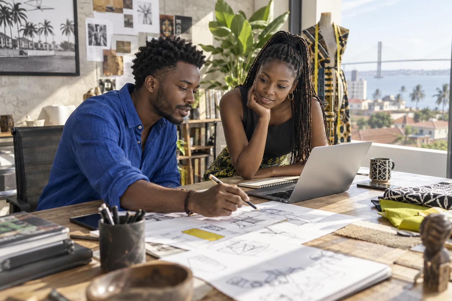 Dois criativos africanos a desenvolver ideias num estúdio
