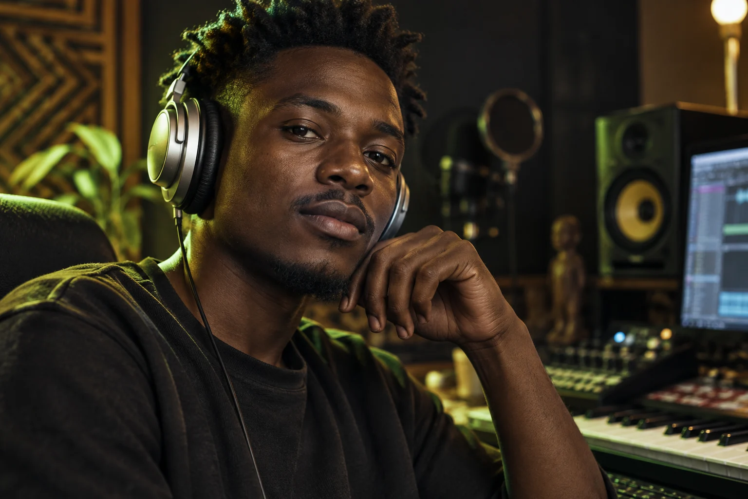Produtor musical africano concentrado no seu trabalho